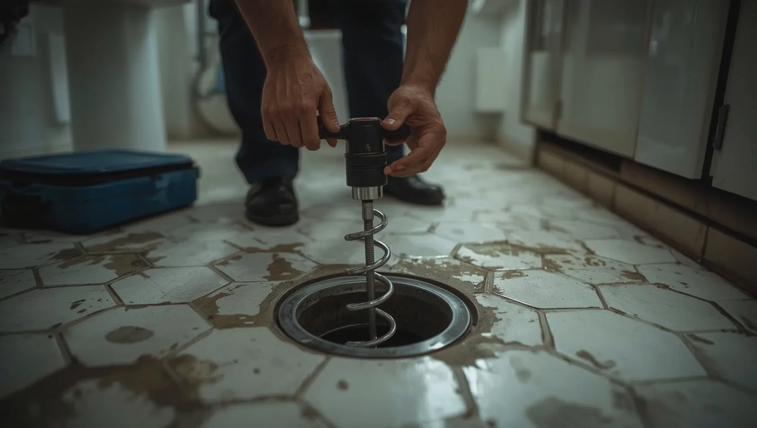 Installateur setzt eine Handspirale in einen Bodenablauf in einem Badezimmer in 1110 Wien Simmering an