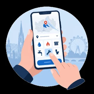 Illustration: Wiener Bezirk und Installateur-Leistung am Smartphone auswählen
