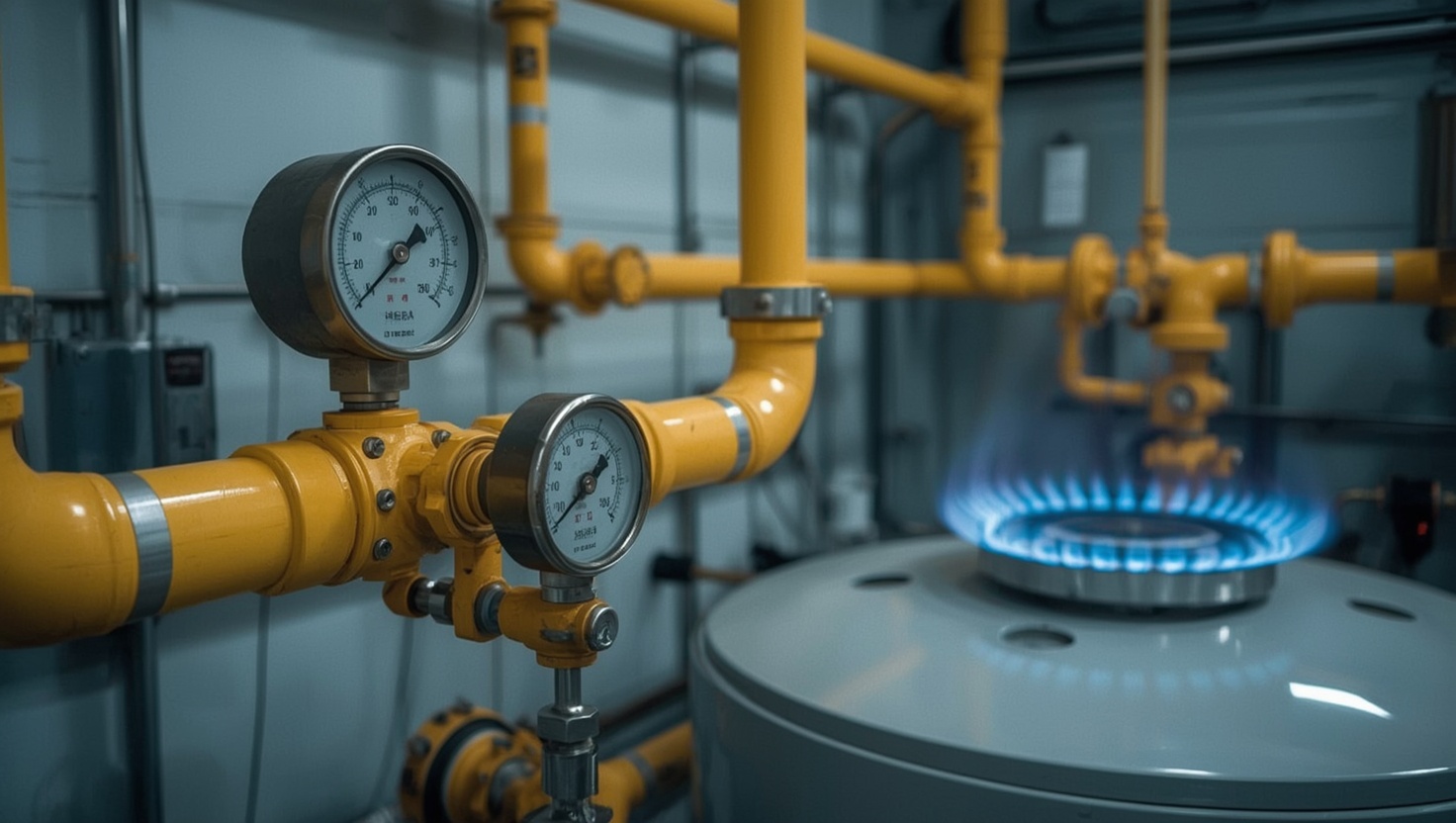 Gasinstallateur in Wien – Gasleitungen mit Manometer und blauer Flamme; geprüfter Fachbetrieb über wieninstallateur.at