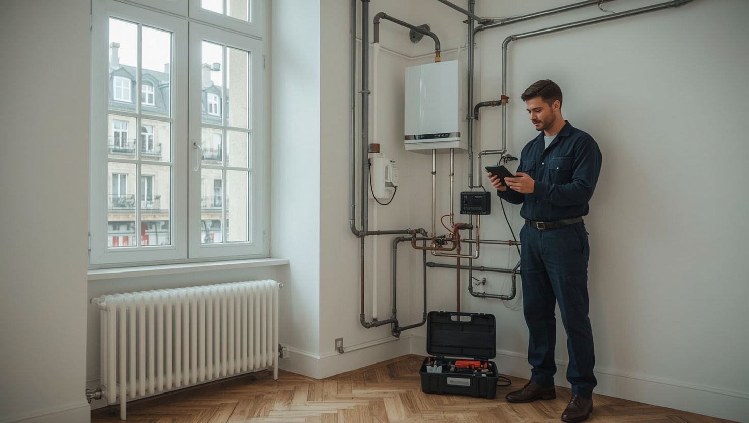 Installateur in Wien – professioneller Haustechniker prüft Gastherme, Heizungs- und Wasserinstallation in einer Wiener Altbauwohnung; Fachbetrieb-Vermittlung über wieninstallateur.at in allen 23 Bezirken