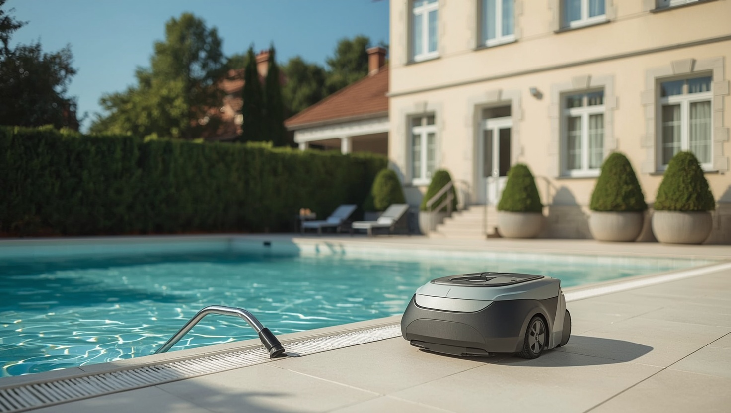 Poolreinigung in Wien – gepflegter Pool mit Reinigungsroboter und Skimmer am Beckenrand