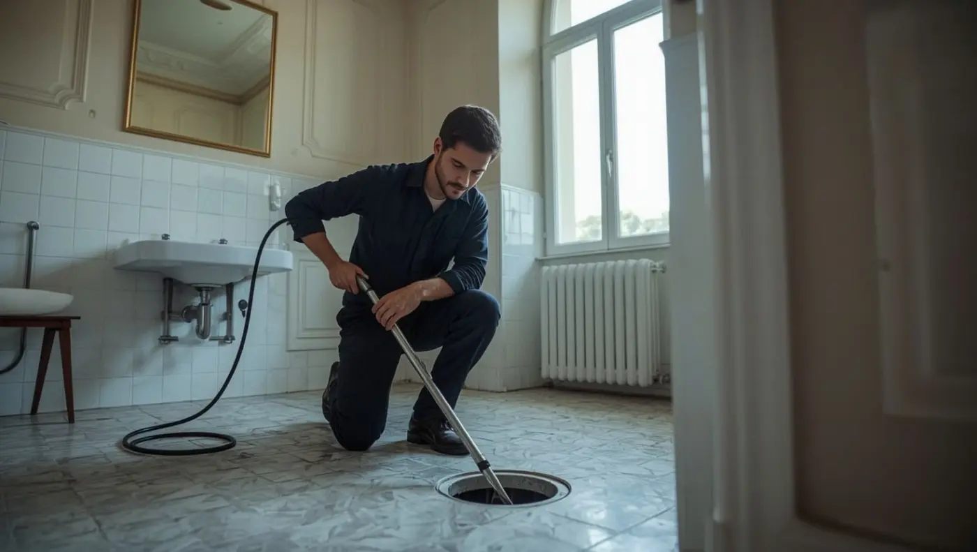 Installateur reinigt einen Bodenablauf in einem Altbau-Badezimmer in 1080 Wien Josefstadt mit der Rohrreinigungsspirale