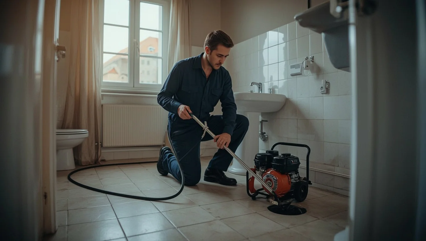 Installateur führt eine Rohrreinigungsspirale in einen Bodenablauf in einer Wohnung in 1110 Wien Simmering ein