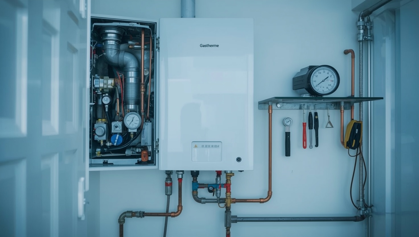 Geöffnete Gastherme mit Manometer und Werkzeug bei einer Thermenreparatur in Wien
