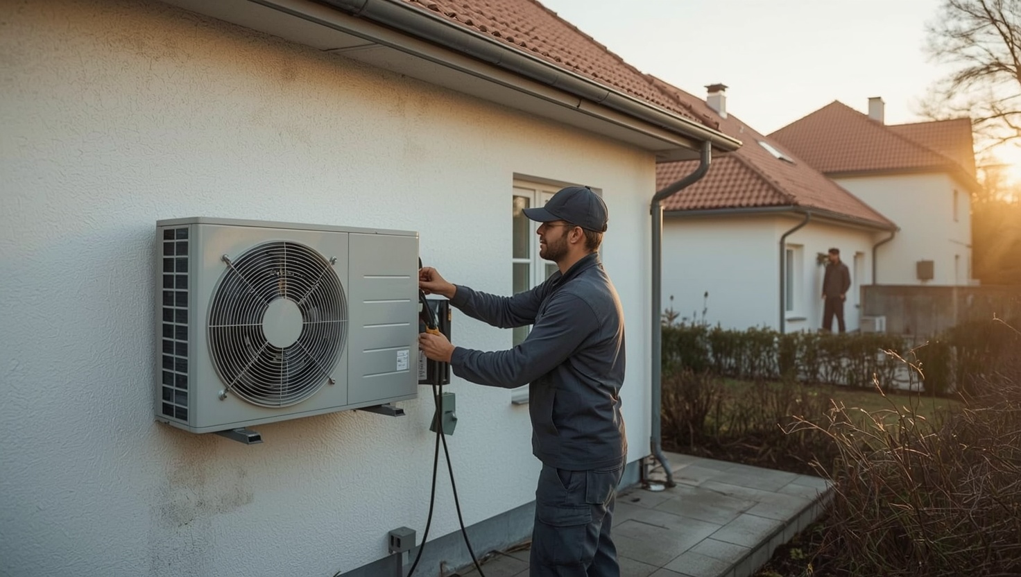 Techniker montiert die Außeneinheit einer Luft-Wasser-Wärmepumpe an einem Wiener Einfamilienhaus, im Hintergrund ein zweiter Installateur bei der Verrohrung
