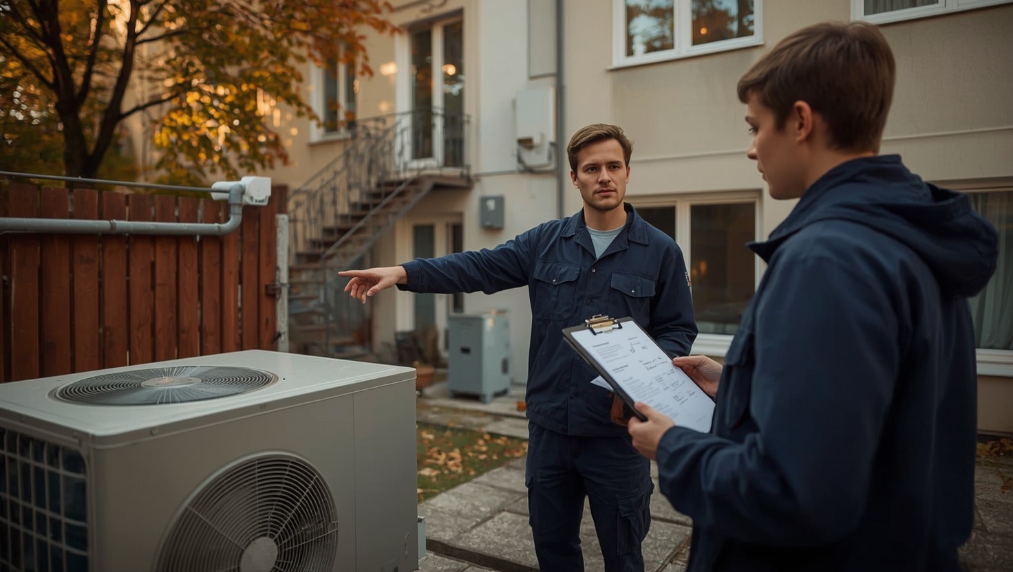 Techniker erklärt einem Kunden die Kosten und Förderung einer Wärmepumpen-Außeneinheit im Innenhof eines Wiener Altbaus