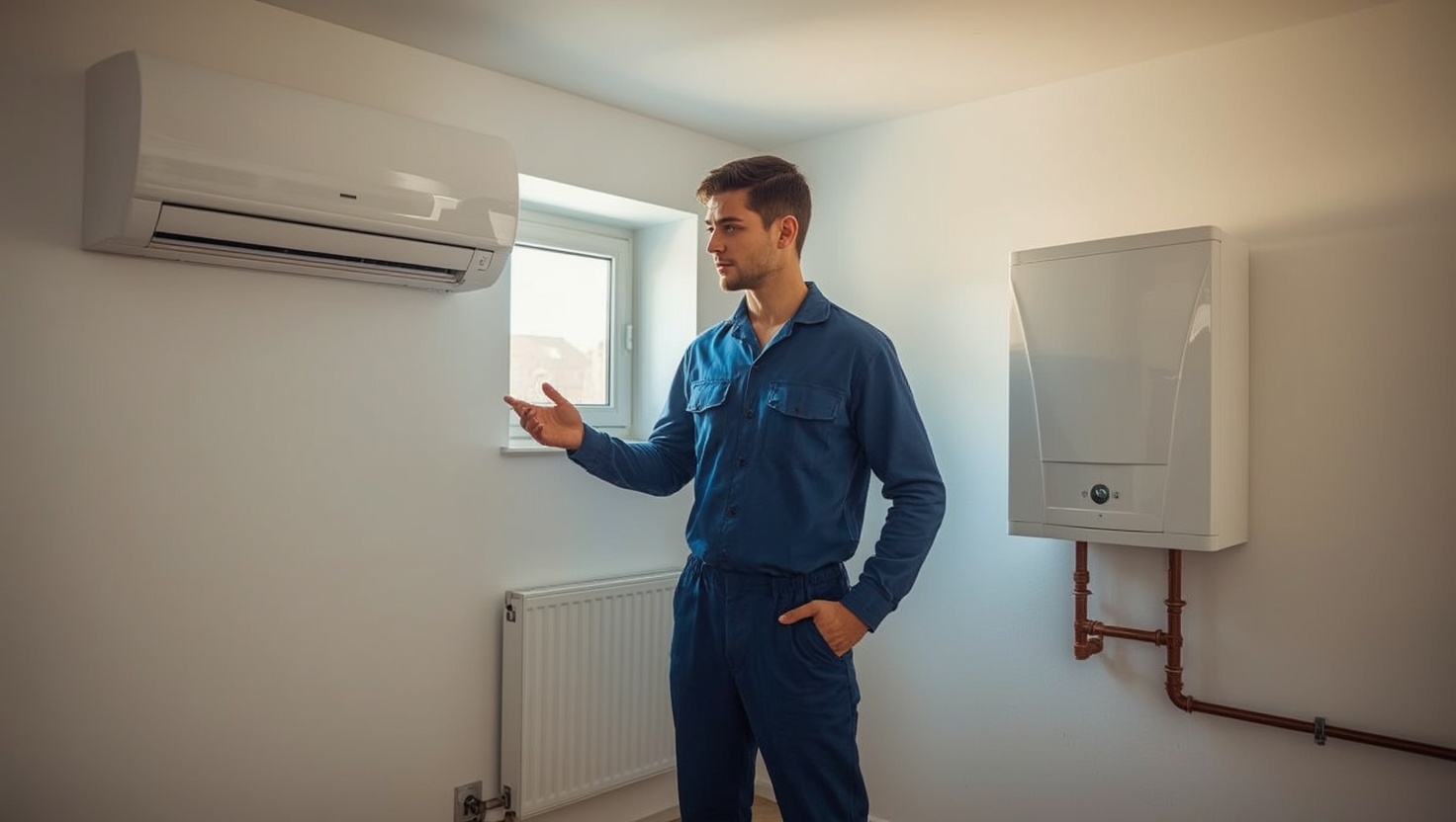 Installateur vergleicht Wu00e4rmepumpe und Gastherme im Heizraum eines Wiener Wohnhauses u2013 Wu00e4rmepumpe oder Gastherme Wien im Vergleich u00fcber wieninstallateur.at