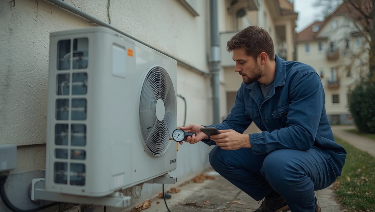 Techniker misst mit einem Manometer den Kältemitteldruck an der Außeneinheit einer Luft-Wasser-Wärmepumpe bei einer Störungsdiagnose vor einem Wiener Wohnhaus