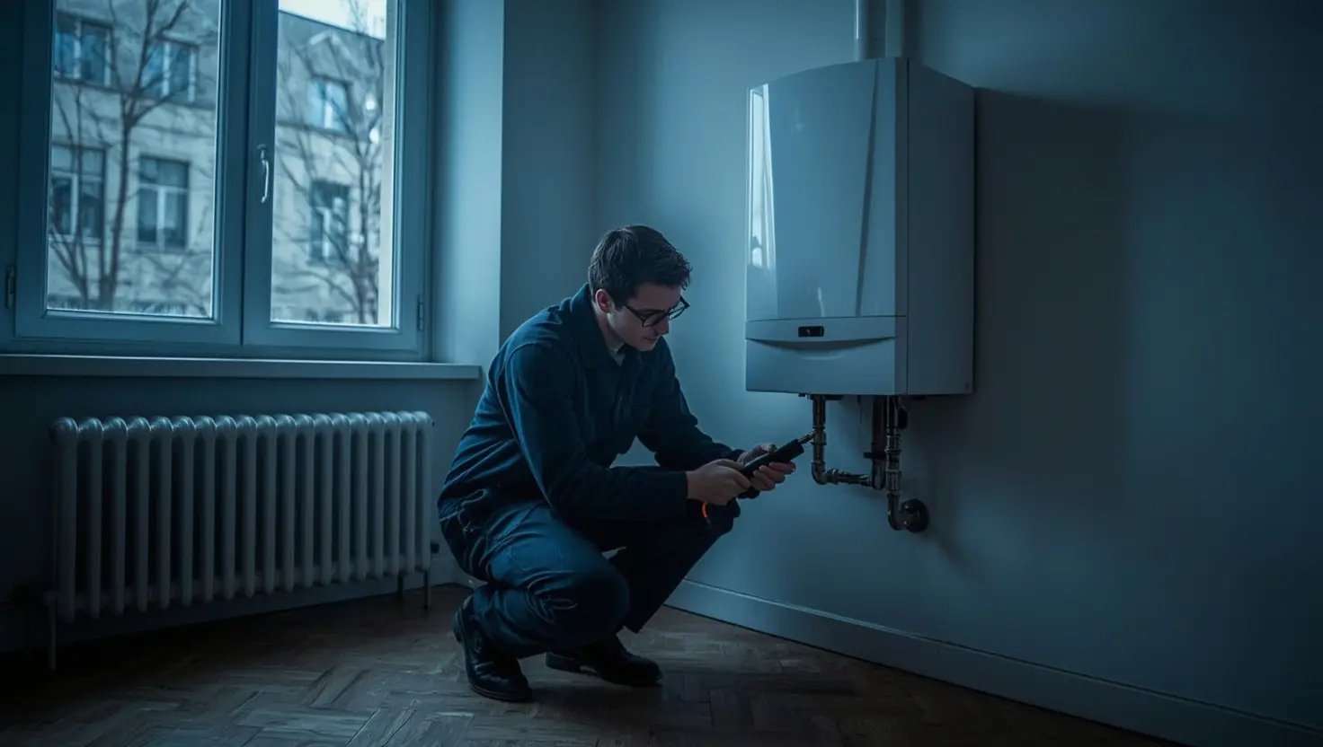 Installateur prüft bei Heizungsausfall eine Gastherme in einer kalten Wiener Altbauwohnung