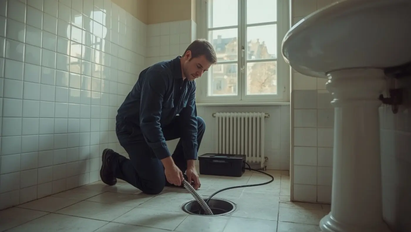 Installateur reinigt einen Bodenablauf in einem Altbau-Badezimmer in 1050 Wien Margareten mit der Rohrreinigungsspirale